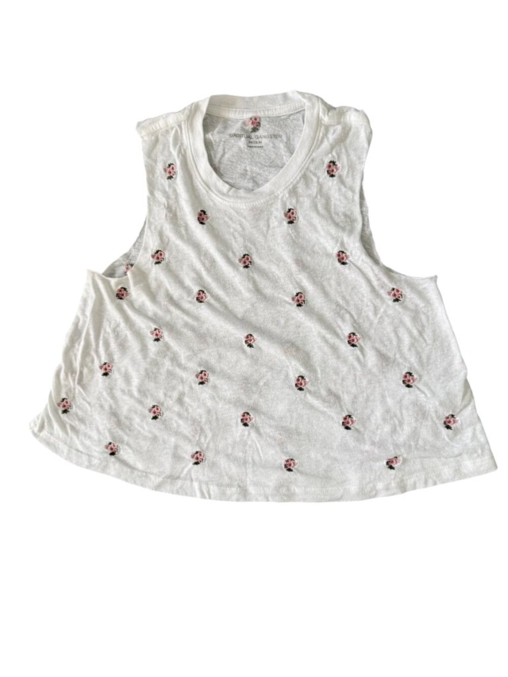 Spiritual Gangster Flowy Muscle Tank- M-Embroidered Pink/Green Flowers - Picture 12 of 14